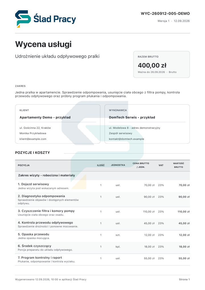 Demonstracyjna wycena: Serwis odpływu pralki. Przykład z logo Ślad Pracy