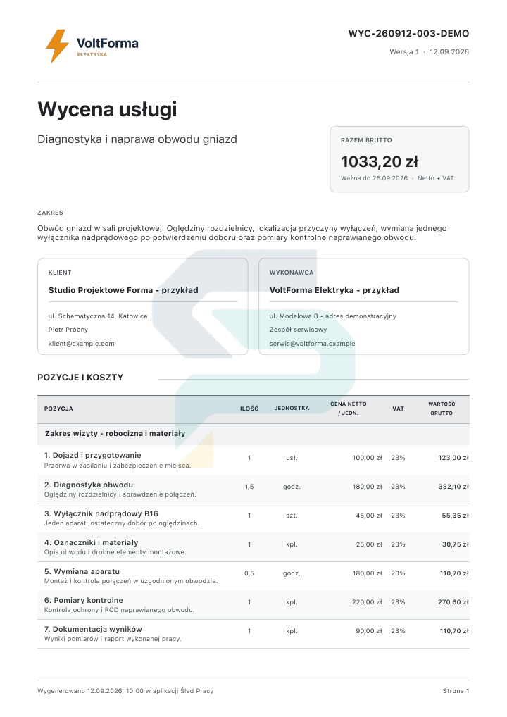 Demonstracyjna wycena: Naprawa obwodu gniazd. VoltForma · własne logo