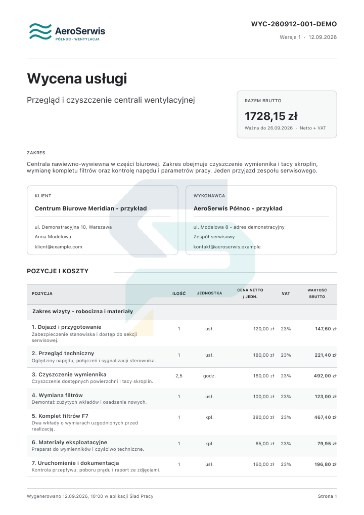 Demonstracyjna wycena HVAC z własnym logo wykonawcy, pozycjami usług i materiałów oraz podsumowaniem kosztów