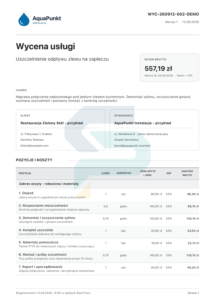 Demonstracyjna wycena: Naprawa odpływu zlewu. AquaPunkt · własne logo