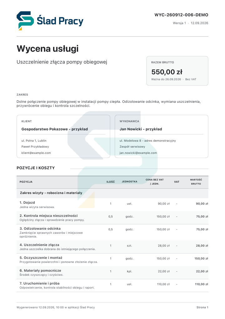 Demonstracyjna wycena: Uszczelnienie pompy obiegowej. Przykład z logo Ślad Pracy