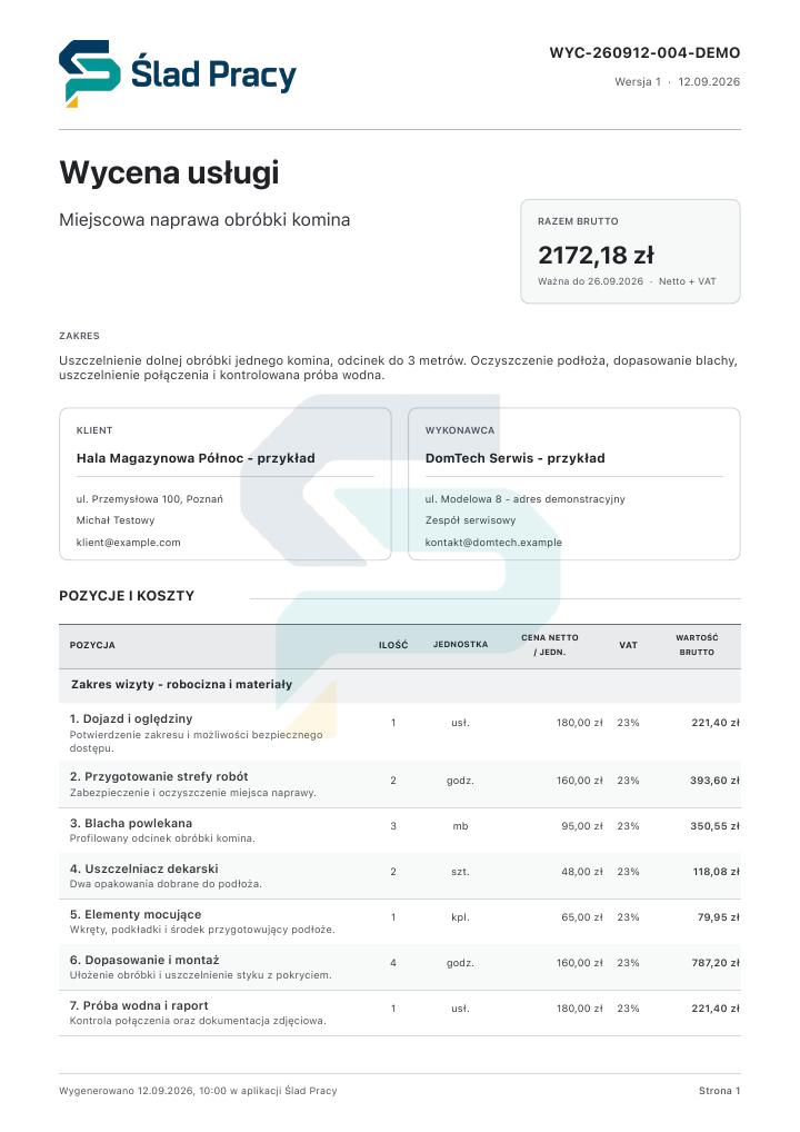 Demonstracyjna wycena: Naprawa obróbki komina. Przykład z logo Ślad Pracy