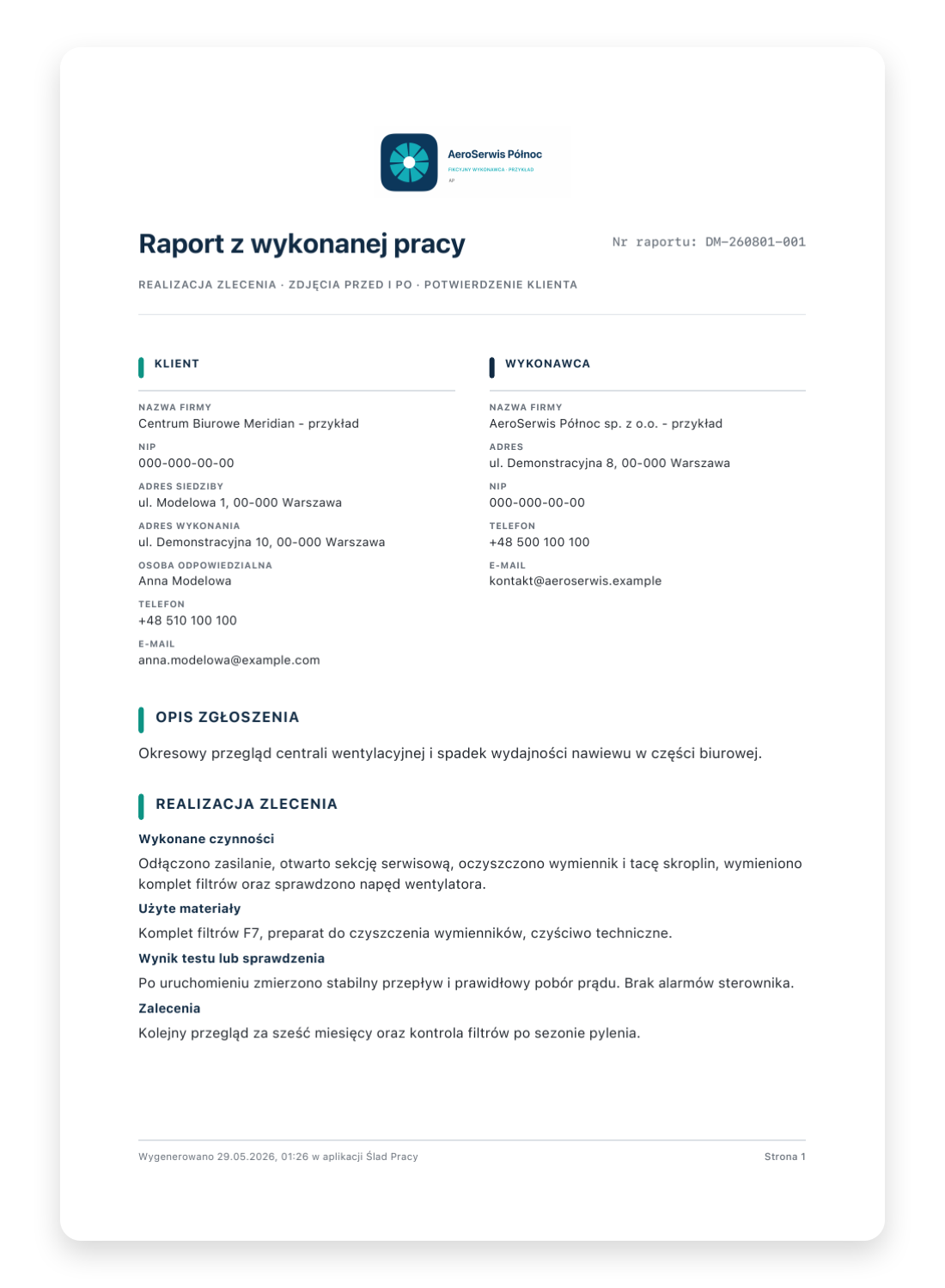 Demonstracyjny raport PDF Ślad Pracy