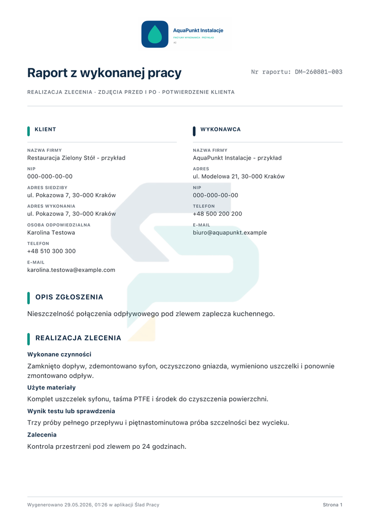 Pierwsza strona pełnego demonstracyjnego raportu: Hydraulika